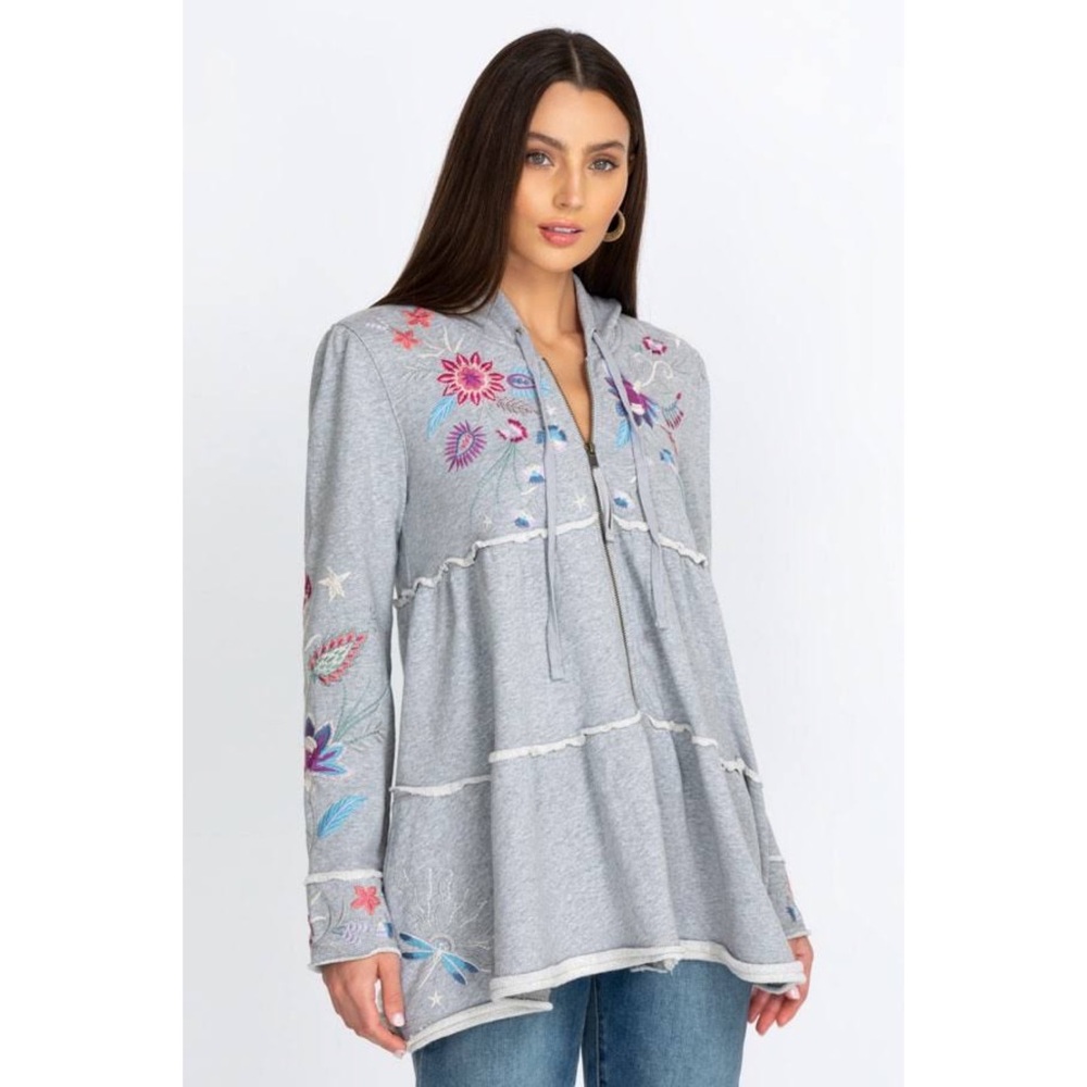 Johnny Was Phoebe Embroidered Tiered Hoodie Full Zip Sweatshirt Sz XS
